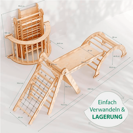 4in1 Montessori Klettergerüst Set: Kletterdreieck mit Rutsche, Kletterbogen, Kletternetz, für Kinder 1-7 Jahre – Beige