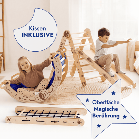 Apollo 5-in-1 Kletterset: Pikler-Dreieck, Kletterbogen, Rutschbrett, Kissen und Netz für kleine Astronauten