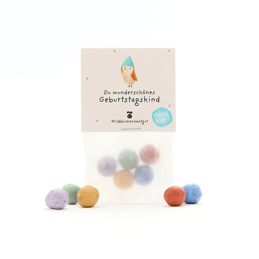 5 Blumenmurmeln im Tütchen "Du wunderschönes Geburtstagskind"