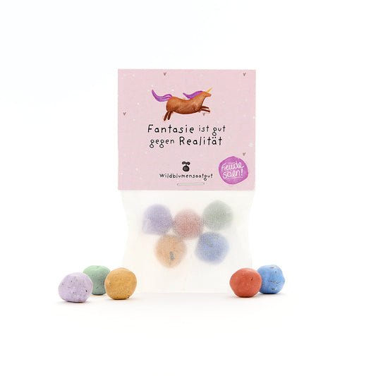 5 Blumenmurmeln im Tütchen "Fantasie ist gut gegen Realität"
