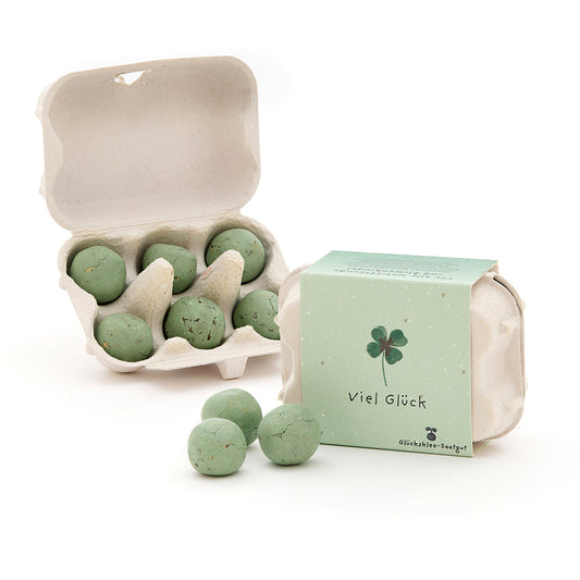 6 bunte Blumenmurmeln im Eierkarton "Viel Glück"