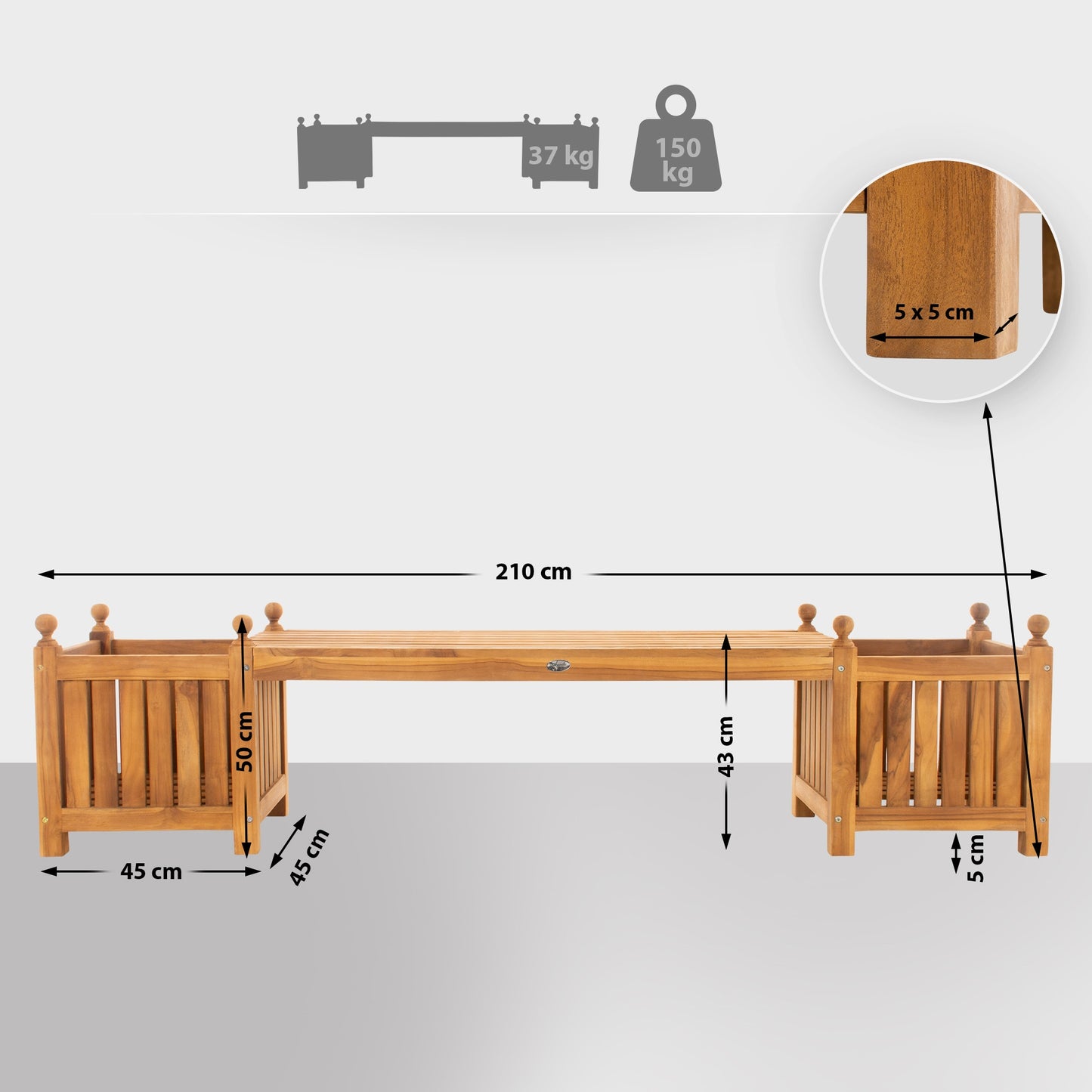 Teakbank Boston Sitzbank Garten Terrasse Balkon Wetterfeste Holzbank Ganzjährig