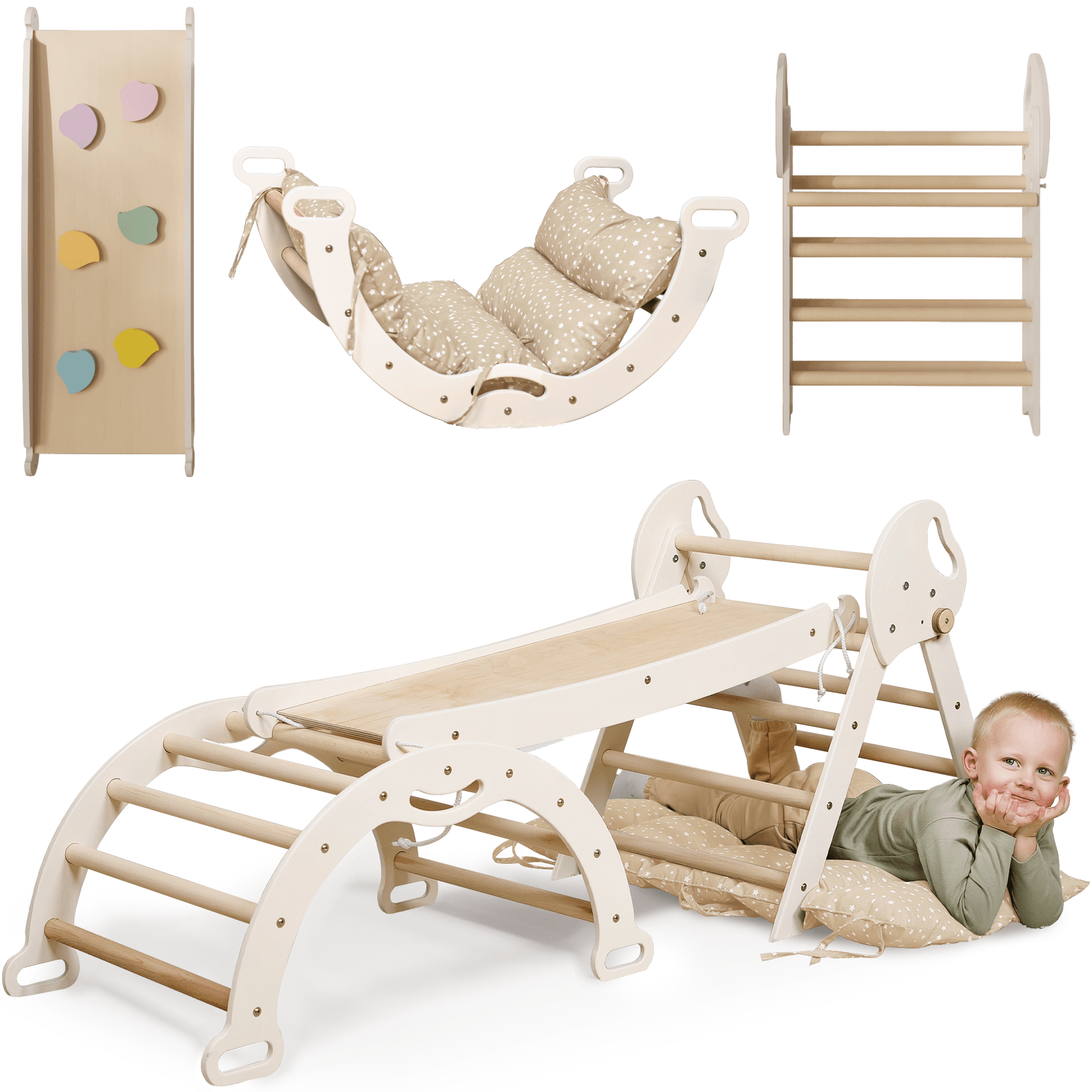 Montessori 4in1 Kletterdreieck für Babys: Pikler-Dreieck, Kletterbogen, Rutschbrett und Kissen für Kleinkinder (1–3 Jahre) - Treckerflickershop